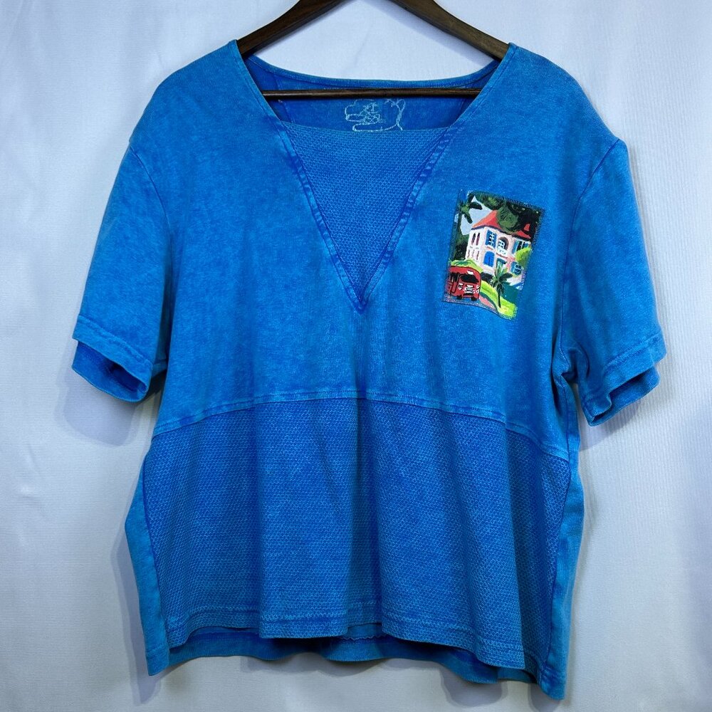 Michael Leu Collection Graphic Wearable Art Womens Shirt XL Blue Cotton